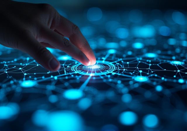 Close-up photo of data scientists analyzing complex 3D flow charts on a high-tech screen