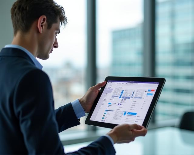 Person using a tablet to analyze automated document workflows